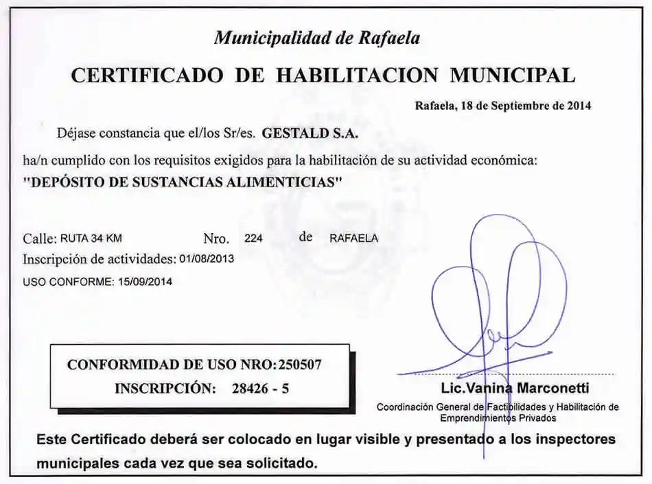 Certificado de habilitación municipal Rafaela - Depósito de sustancias alimenticias